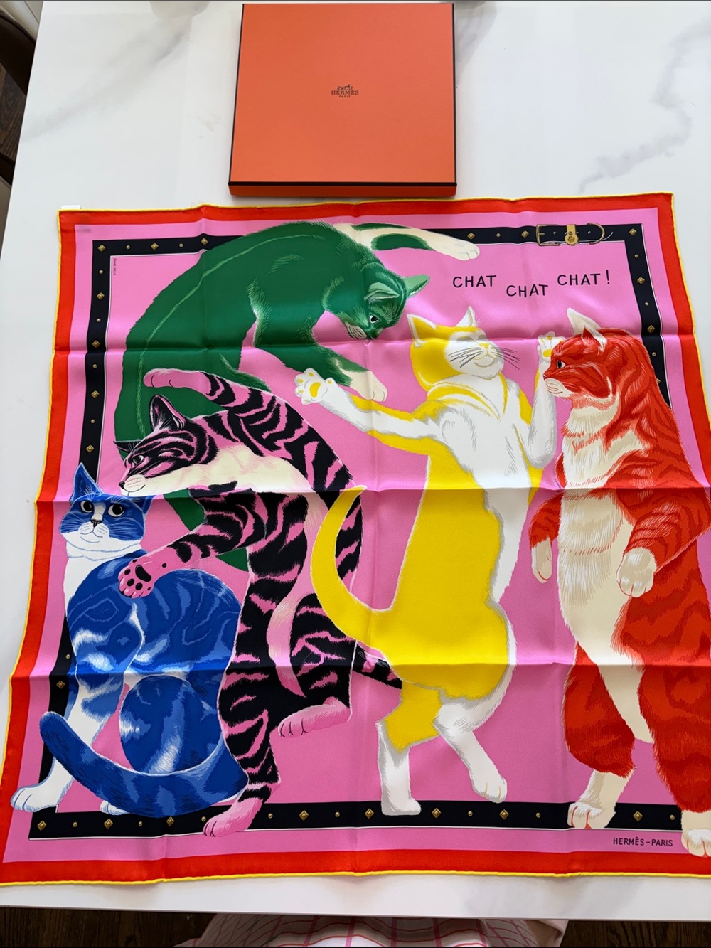Hermes Pink Silk Scarf with Multicolor Cat Parade chat chat chat scarf 70